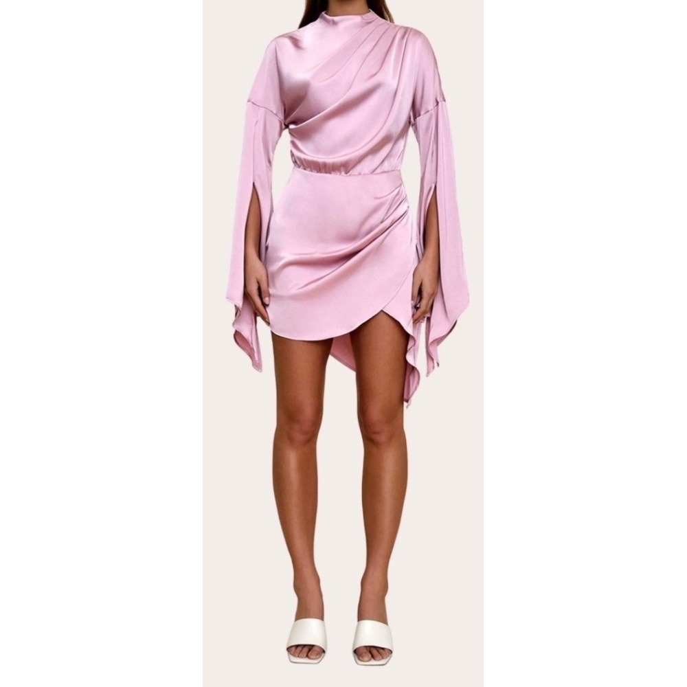 Andrea Iyamah Pink Kari Mini Dress Satin Draped Long Slit Sleeve Mock Neck